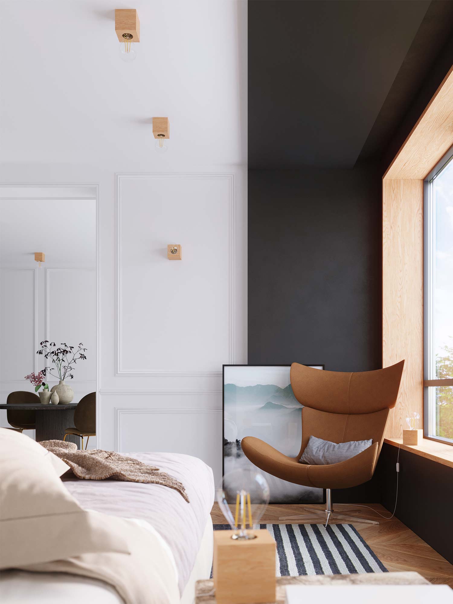 Przytulny salon z nowoczesną lampą drewnianą przy fotelu Przytulny salon z nowoczesną lampą drewnianą przy fotelu