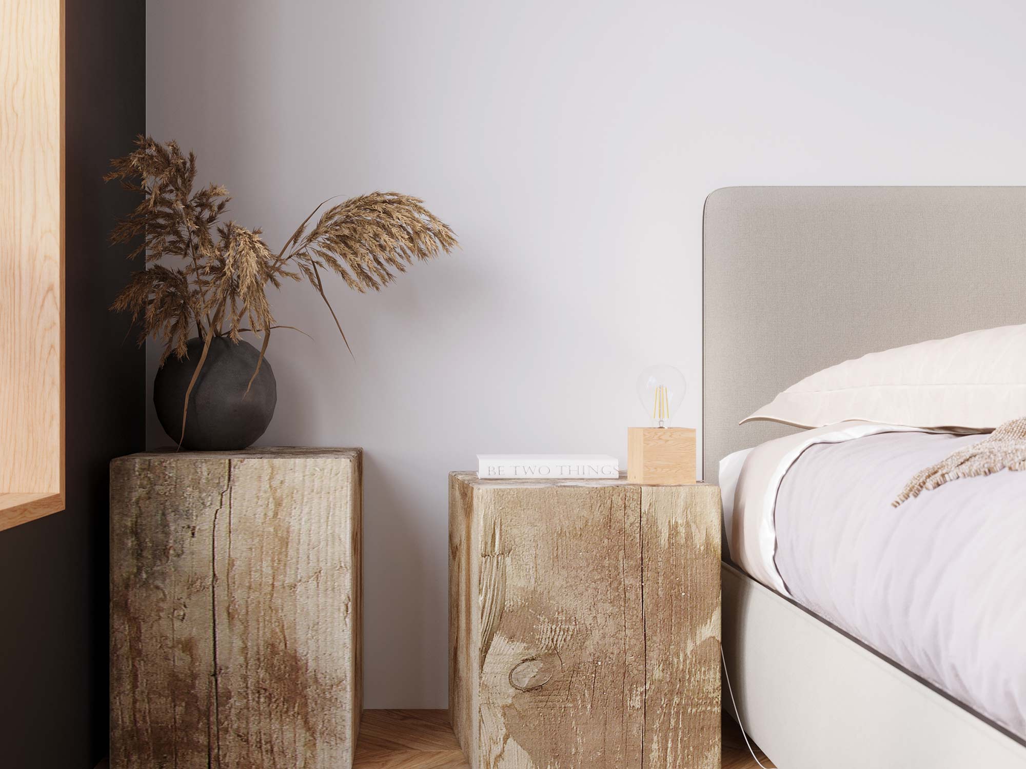 Sypialnia z drewnianą lampką nocną i szafką z litego drewna Sypialnia z drewnianą lampką nocną i szafką z litego drewna