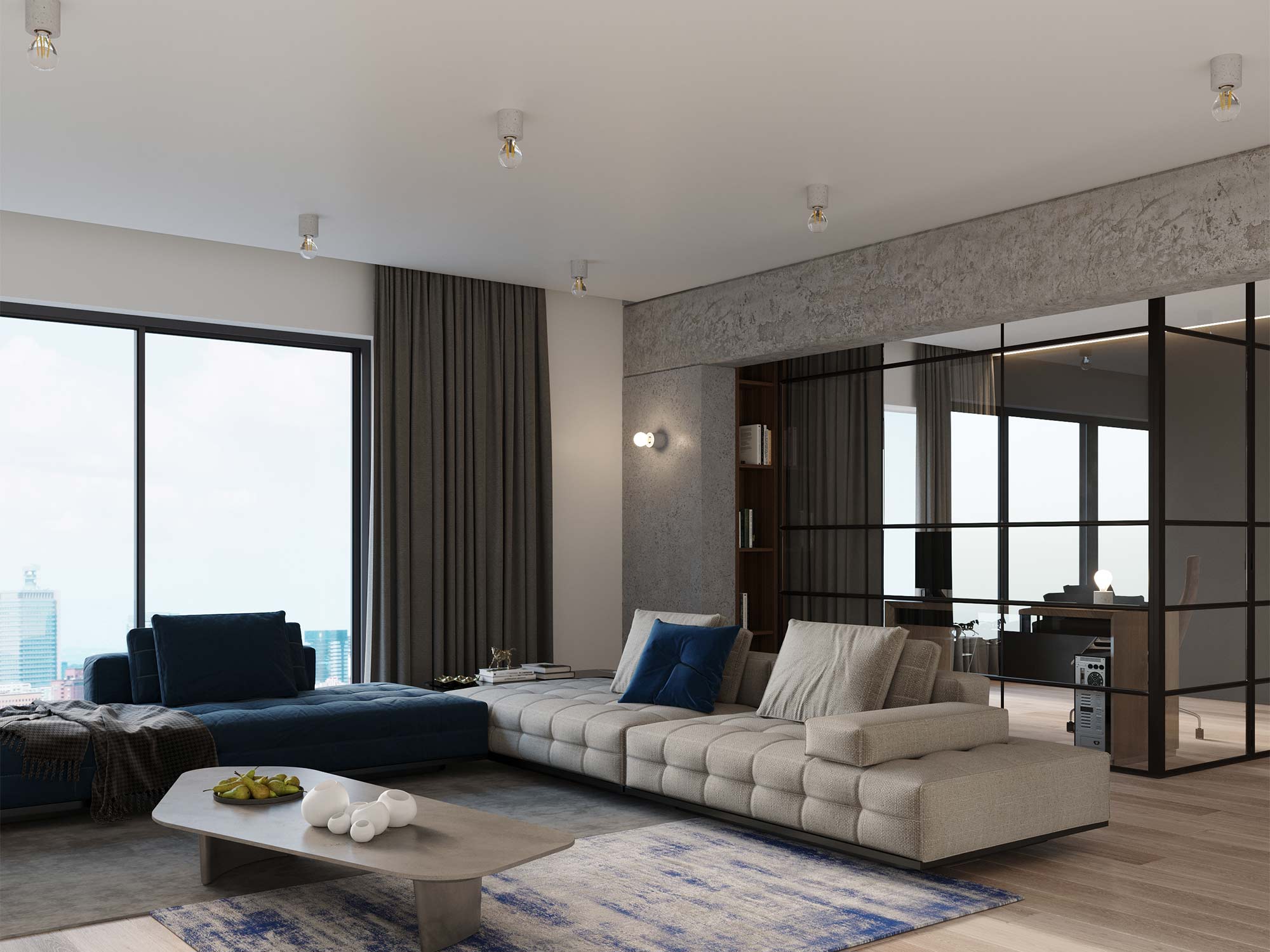 Przestronny pokój dzienny z sufitowymi lampami w stylu industrialnym Przestronny pokój dzienny z sufitowymi lampami w stylu industrialnym