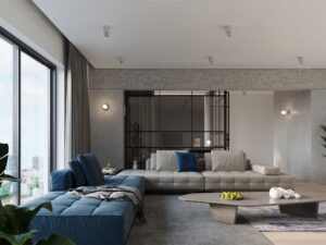 Miniaturka 4 - Salon z wieloma punktami świetlnymi w betonowych oprawach