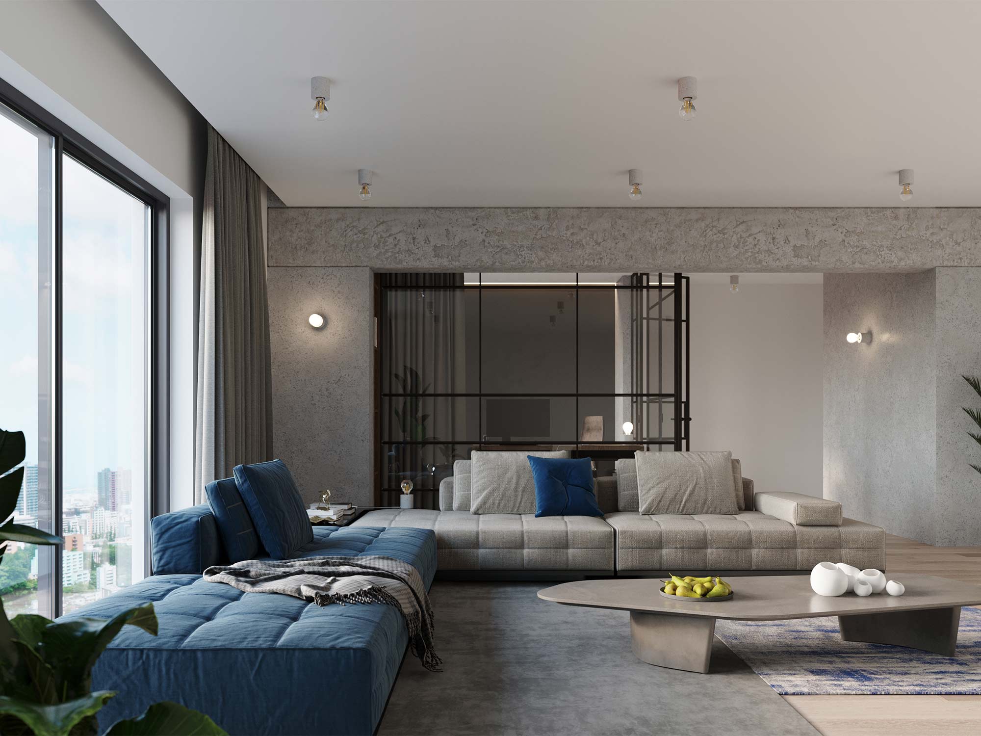 Salon z wieloma punktami świetlnymi w betonowych oprawach Salon z wieloma punktami świetlnymi w betonowych oprawach