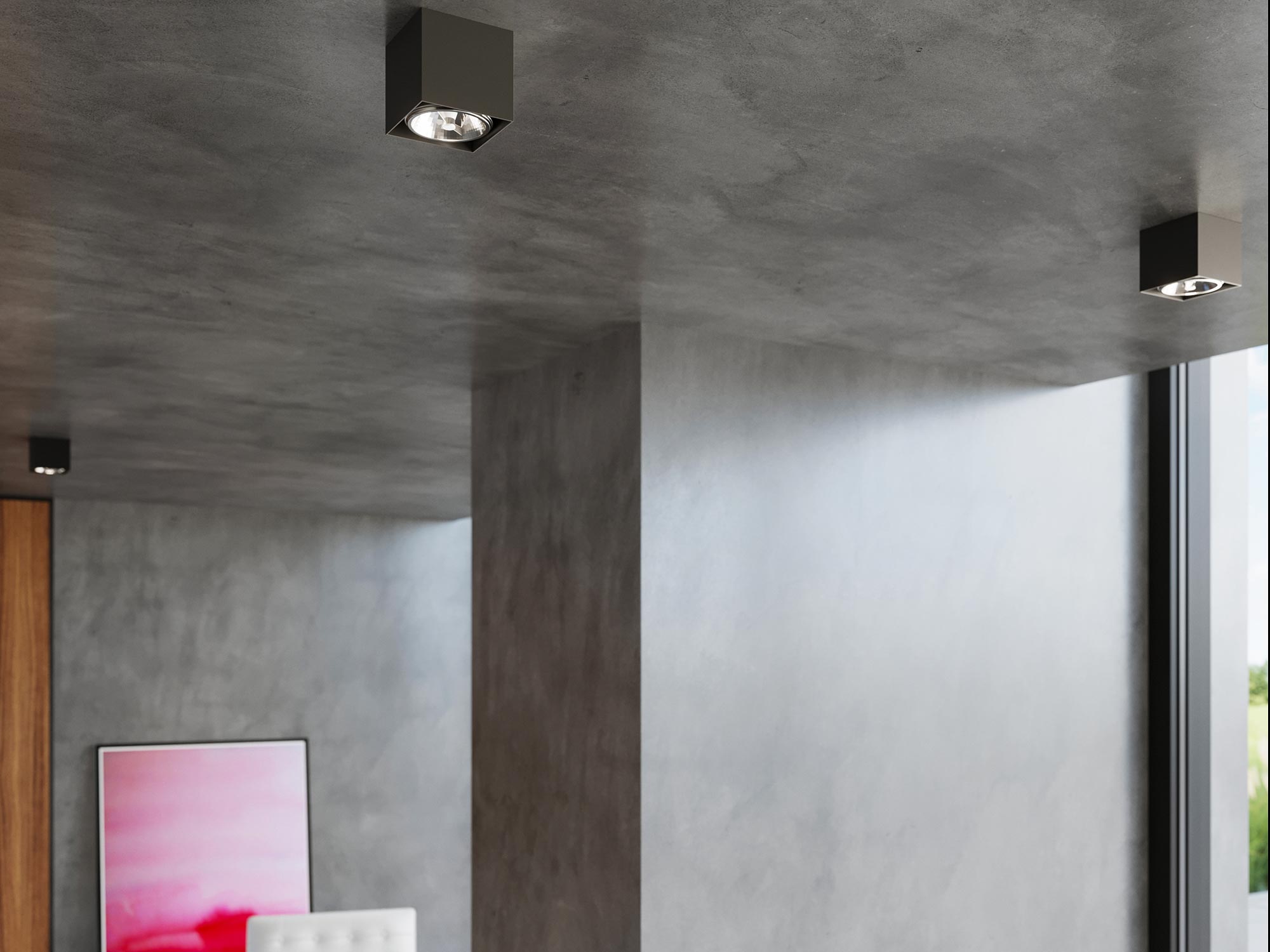 Czarne oprawy punktowe LED w nowoczesnym suficie betonowym Czarne oprawy punktowe LED w nowoczesnym suficie betonowym