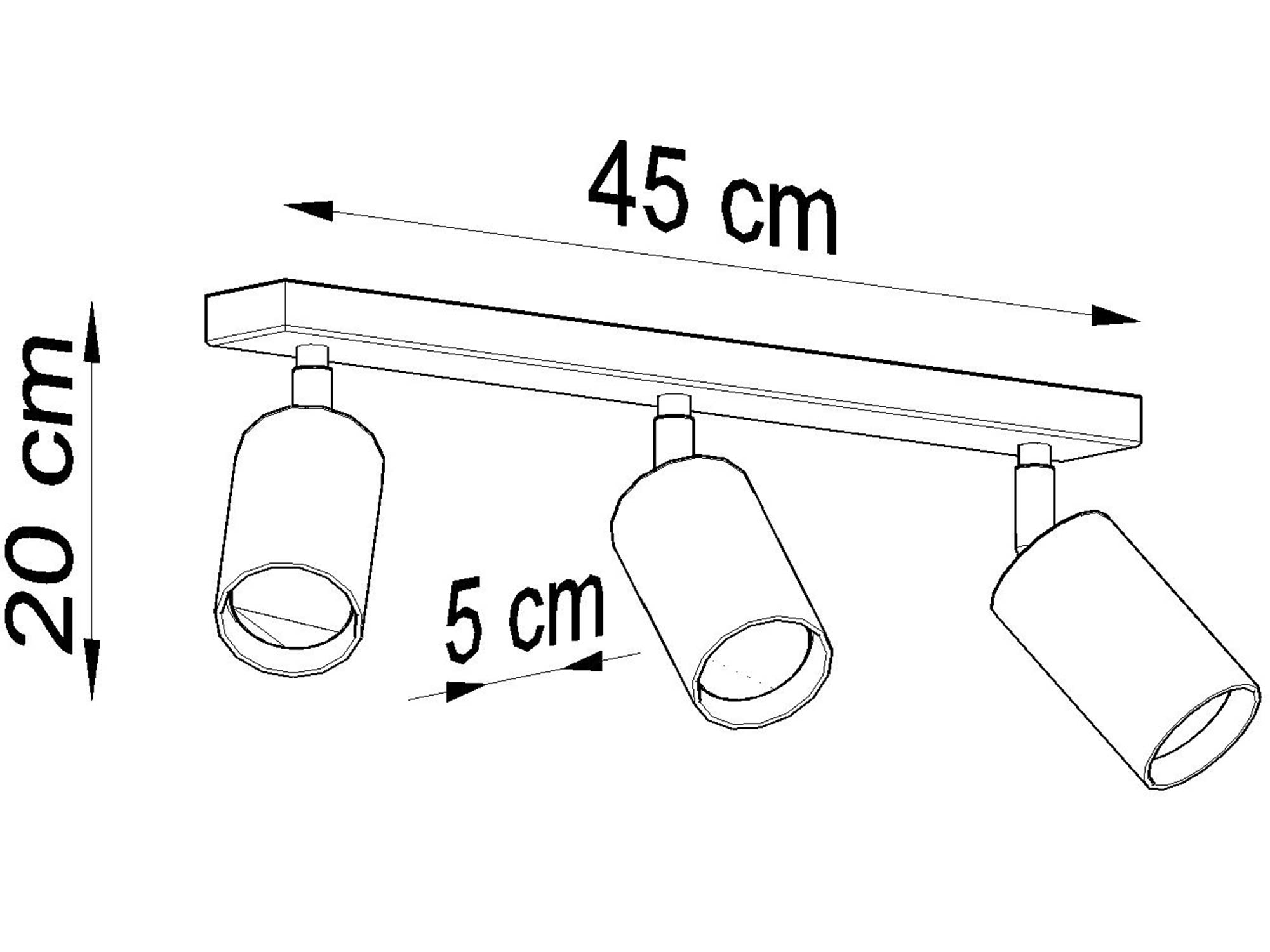 Wymiary oprawy z trzema spotami: 45 cm szerokości, reflektory 5 cm Wymiary oprawy z trzema spotami: 45 cm szerokości, reflektory 5 cm
