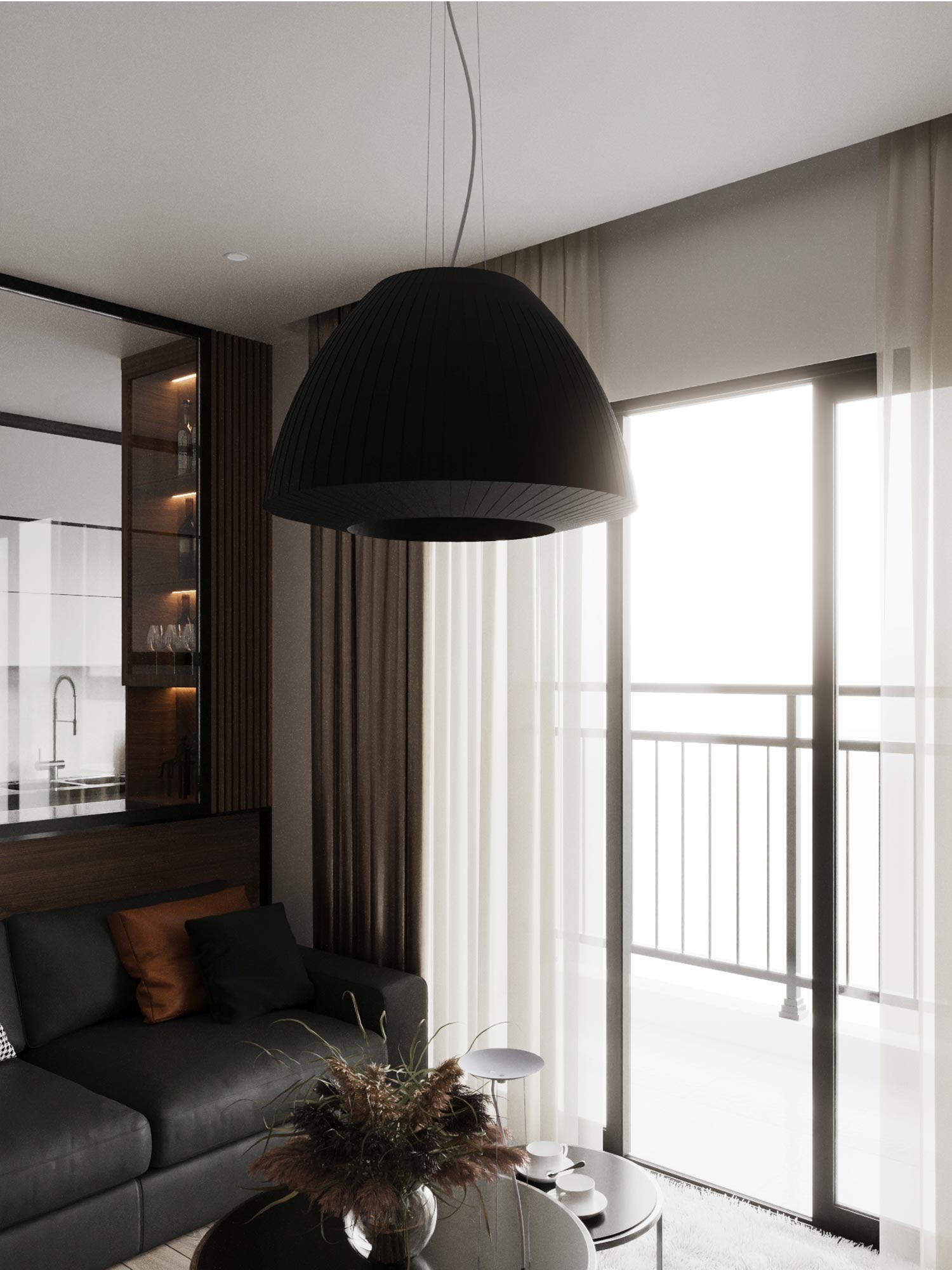 Salon z czarną lampą LED o kształcie półkuli i dużymi zasłonami Salon z czarną lampą LED o kształcie półkuli i dużymi zasłonami