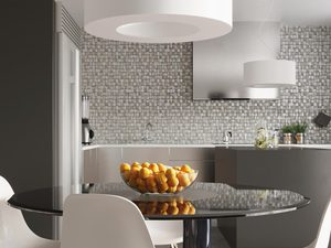 Miniaturka 4 - Designerska biała lampa LED zawieszona w salonie z mozaiką