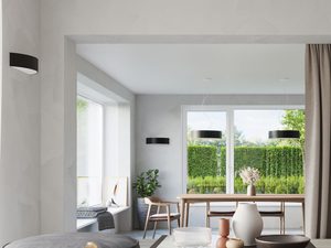 Miniaturka 11 - Minimalistyczny sufit z wiszącą biało czarną lampą LED