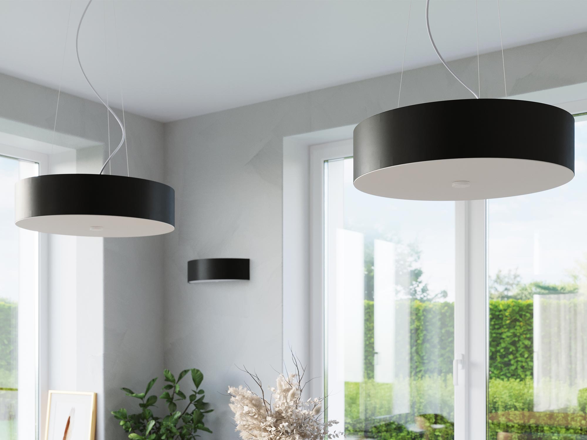 Salon z czarno-białą lampą LED i zasłonami, styl modern Salon z czarno-białą lampą LED i zasłonami, styl modern
