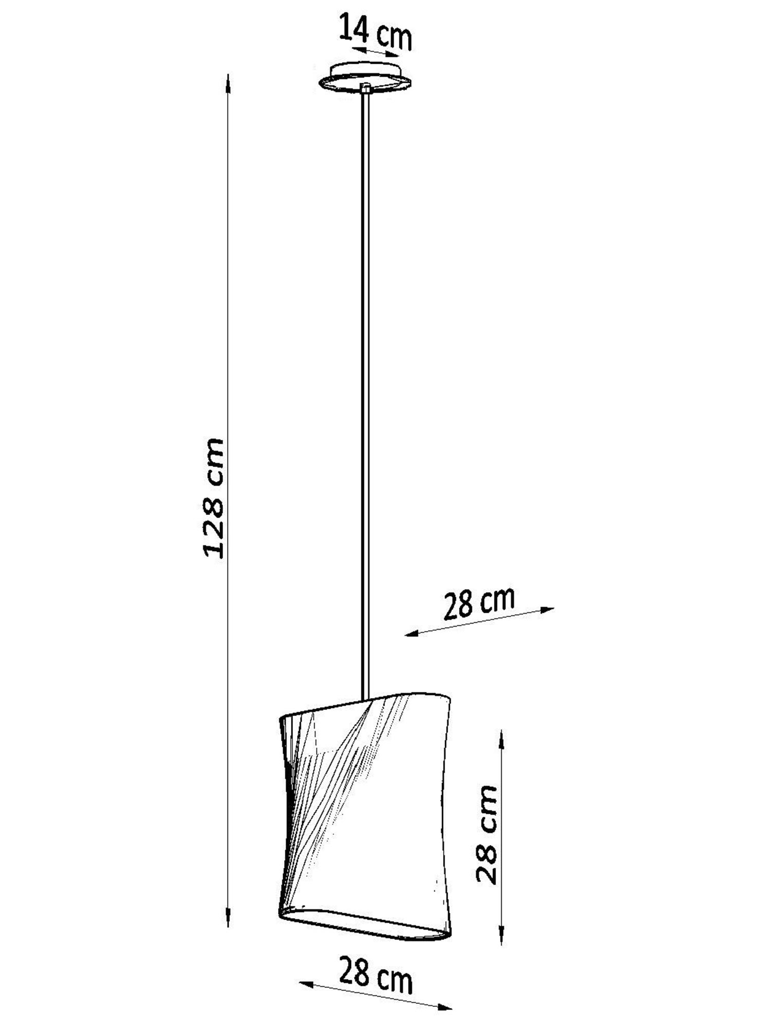 Rysunek techniczny nowoczesnej lampy LED wiszącej, wysokość 128 cm