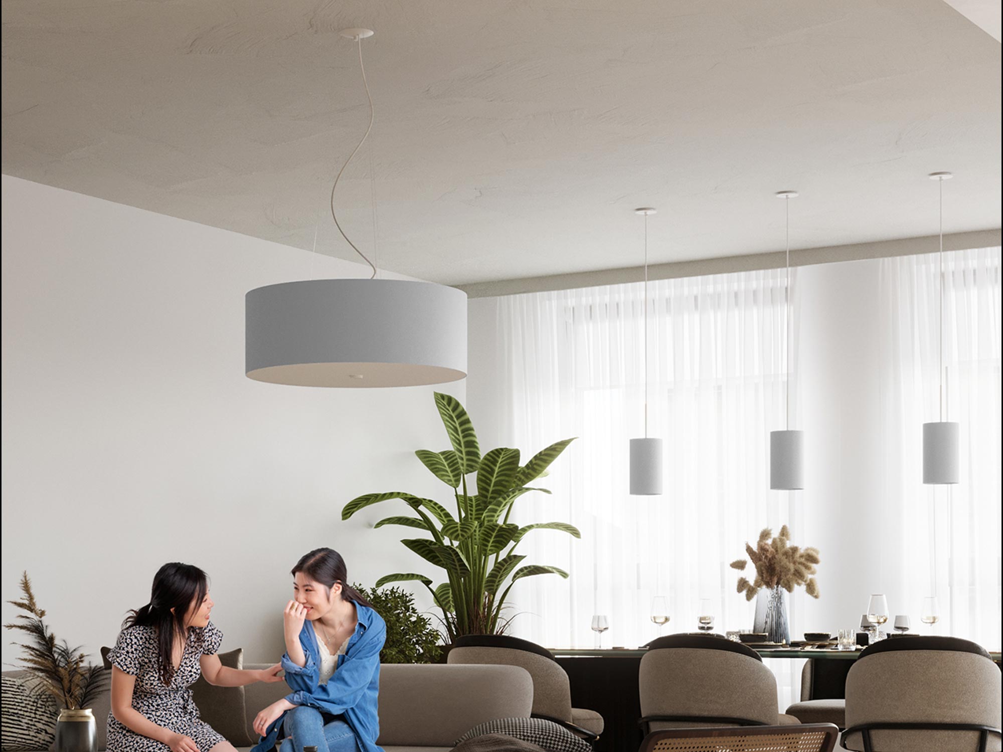 Aranżacja salonu z szarą lampą sufitową z tkaninowym abażurem