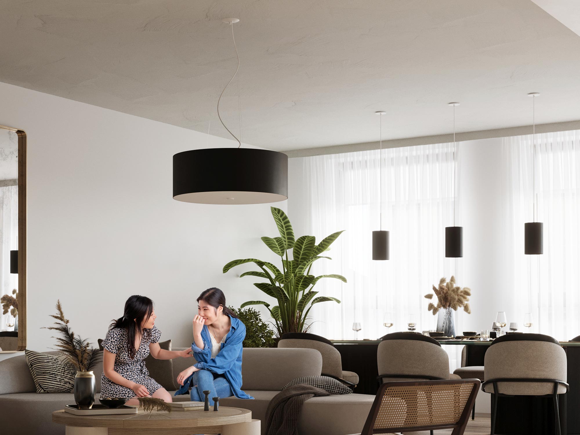 Salon z rodziną i czarną lampą LED sufitową Salon z rodziną i czarną lampą LED sufitową