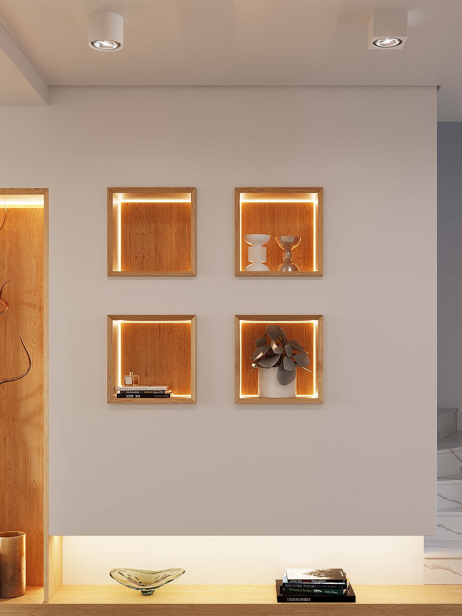 Widok wnętrza z zabudową ścienną i lampami punktowymi Widok wnętrza z zabudową ścienną i lampami punktowymi