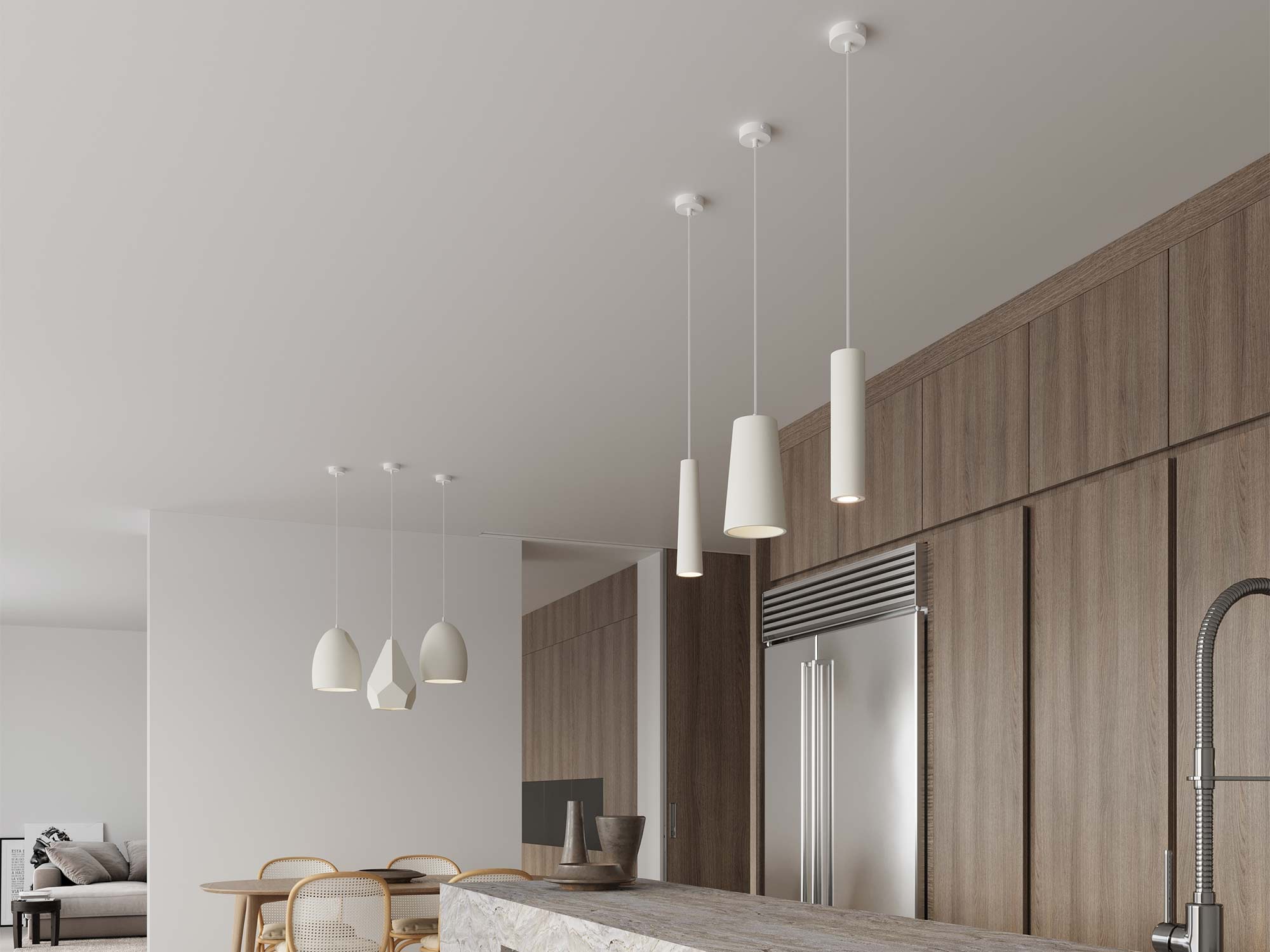 Wizualizacja wnętrza z potrójnym oświetleniem nad wyspą kuchenną Wizualizacja wnętrza z potrójnym oświetleniem nad wyspą kuchenną