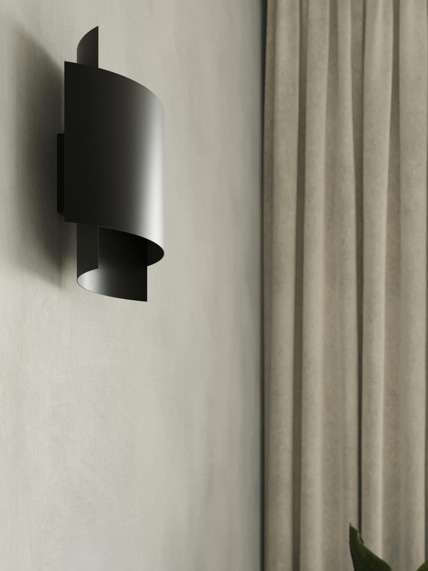 Czarny kinkiet LED na ścianie przy zasłonach, styl nowoczesny Czarny kinkiet LED na ścianie przy zasłonach, styl nowoczesny