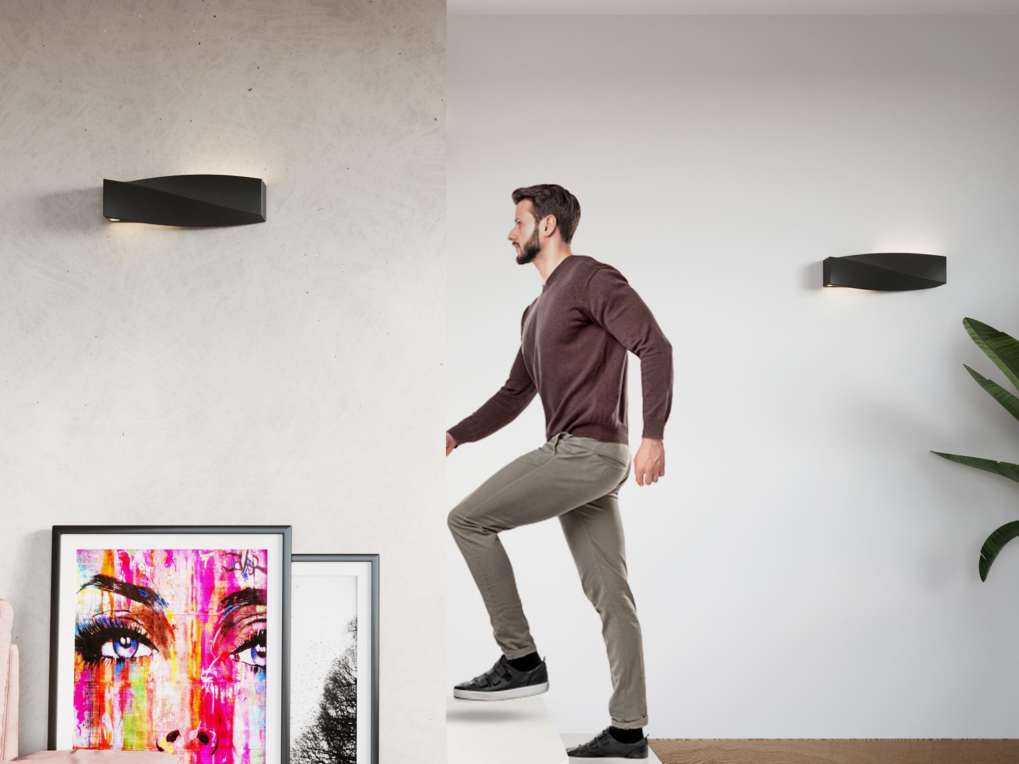 Czarny kinkiet ścienny LED w nowoczesnym białym salonie