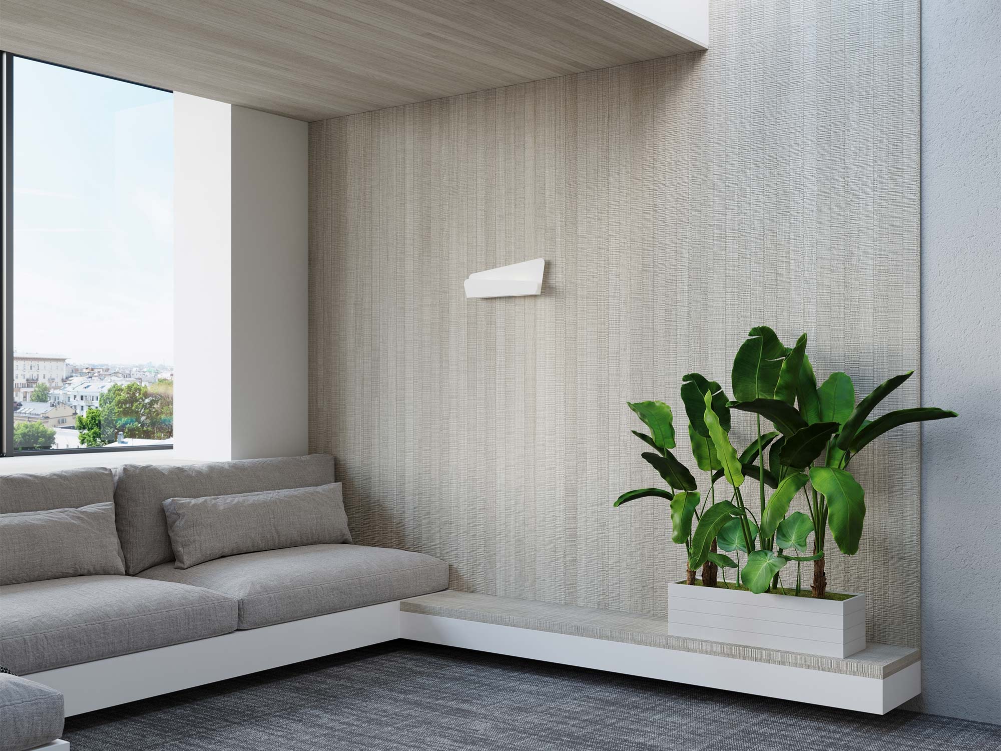 Jasny salon z kinkietem dekoracyjnym na beżowej tapecie Jasny salon z kinkietem dekoracyjnym na beżowej tapecie