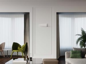 Miniaturka 3 - Elegancki salon z białą lampą ścienną o minimalistycznym kształcie