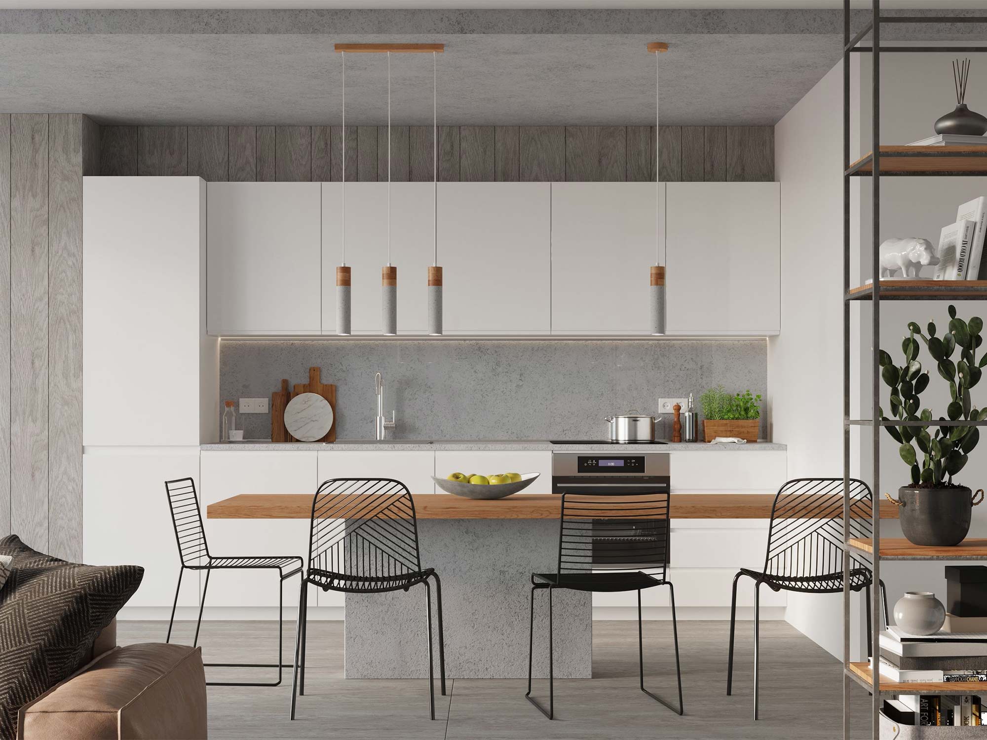 Trzy lampy wiszące z betonu i korka w nowoczesnej kuchni Trzy lampy wiszące z betonu i korka w nowoczesnej kuchni