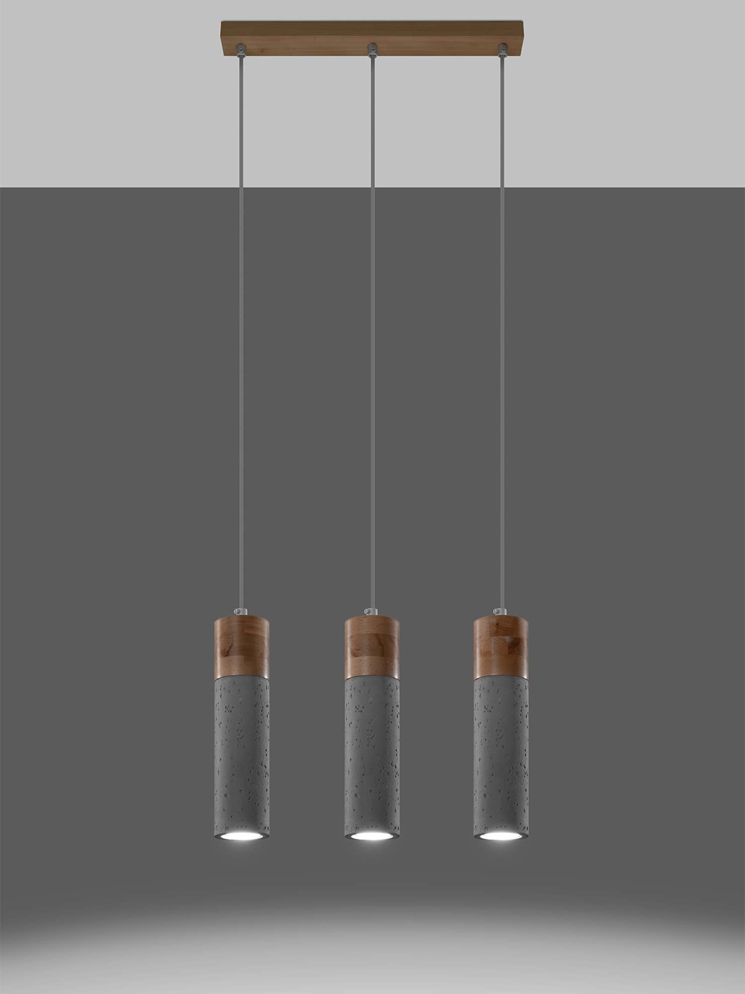 Lampa wisząca z trzema cylindrycznymi kloszami z betonu i korka Lampa wisząca z trzema cylindrycznymi kloszami z betonu i korka