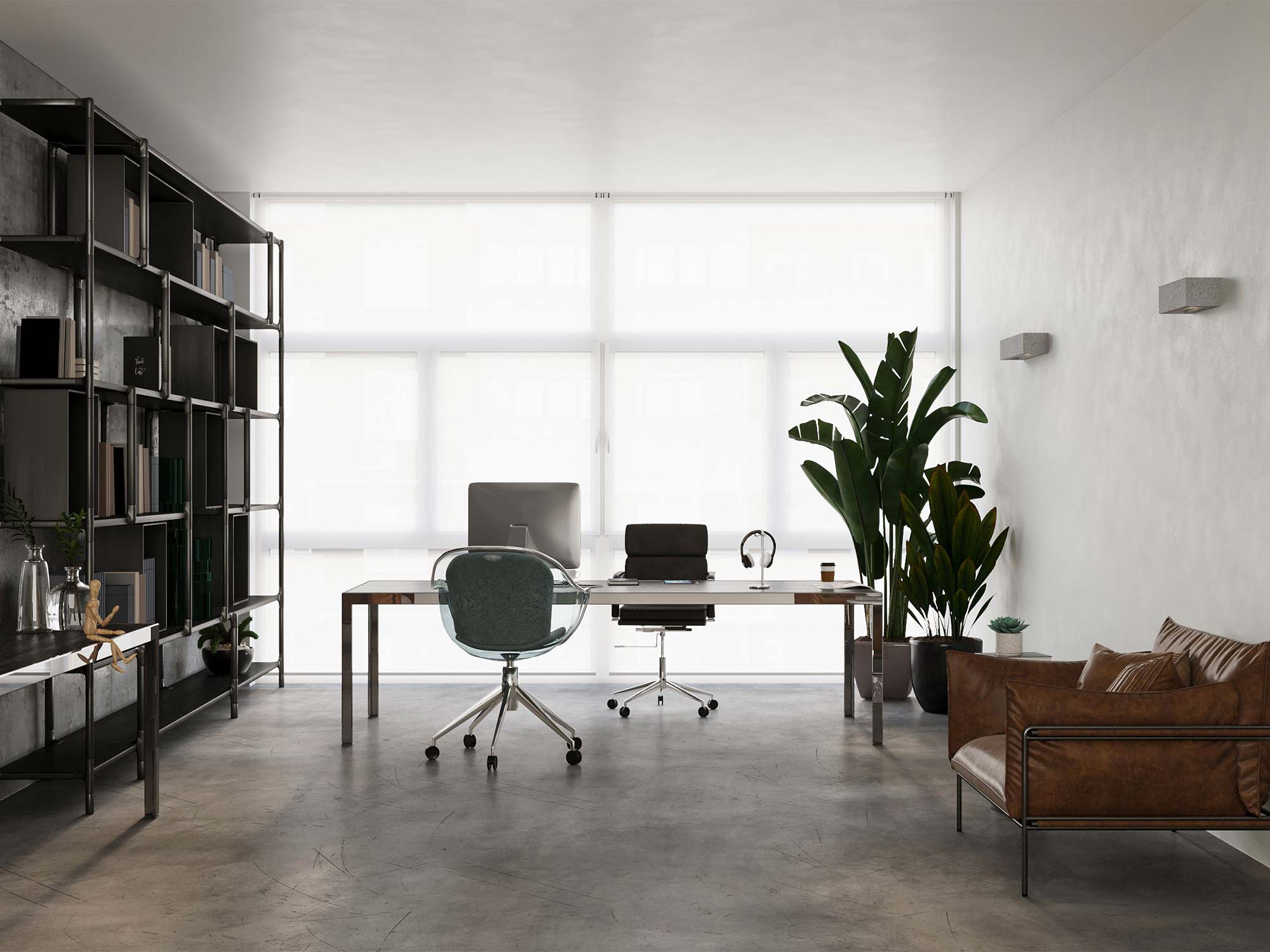 Przestronne biuro z betonowym kinkietem na ścianie Przestronne biuro z betonowym kinkietem na ścianie