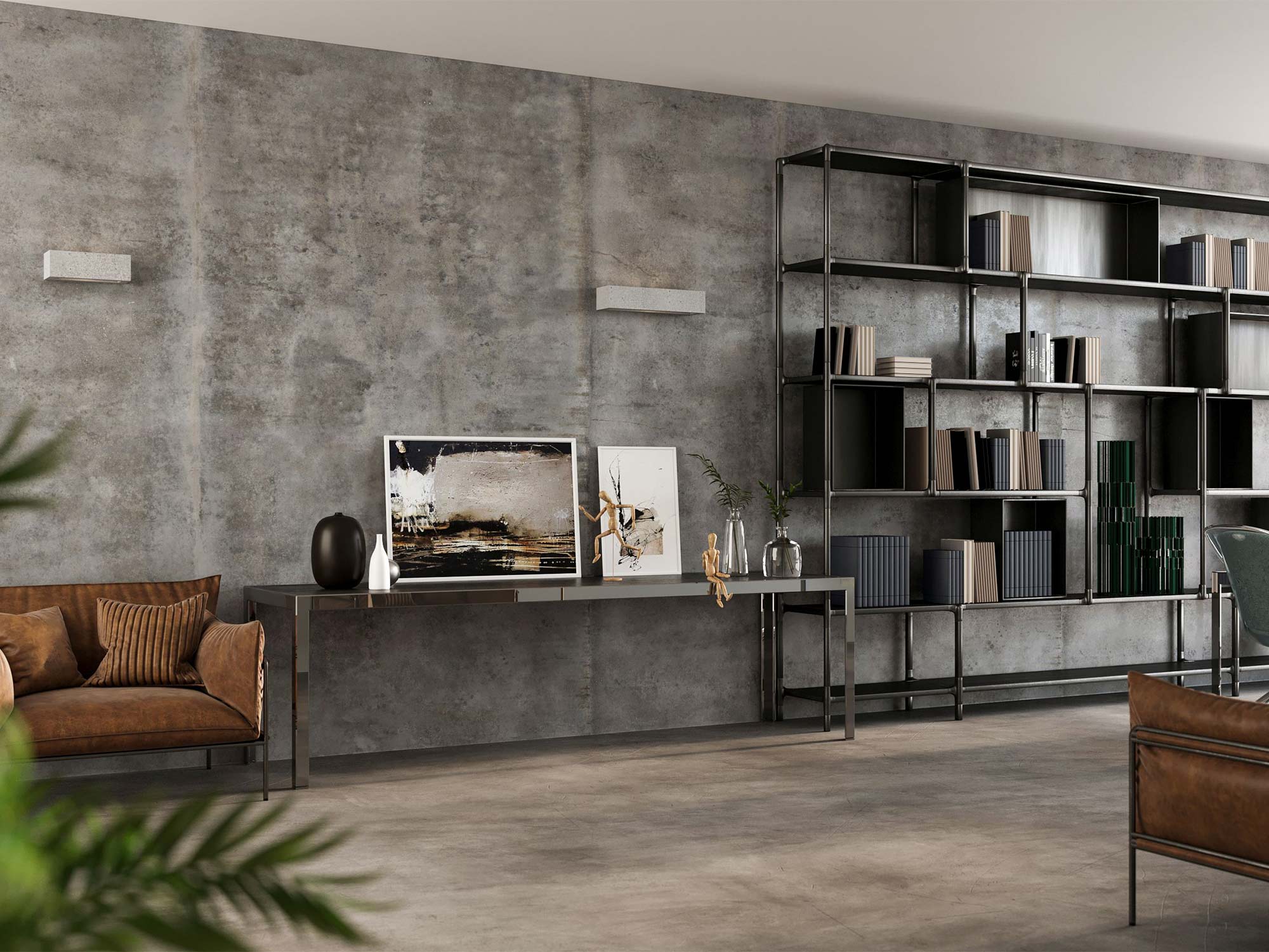 Nowoczesny salon z lampą ścienną w betonowym wykończeniu Nowoczesny salon z lampą ścienną w betonowym wykończeniu