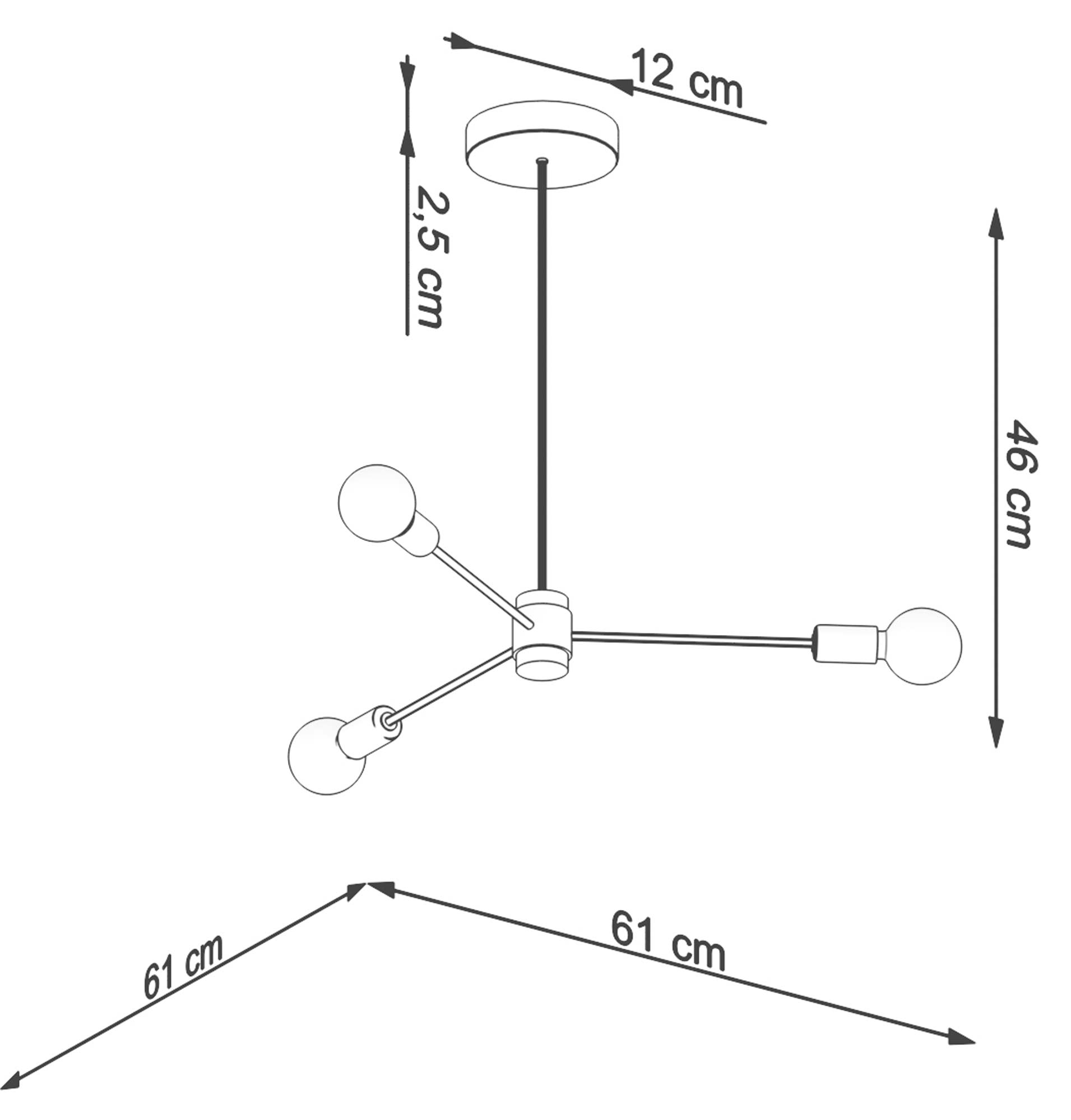 Techniczny szkic czarnej lampy sufitowej z trzema oprawami Techniczny szkic czarnej lampy sufitowej z trzema oprawami