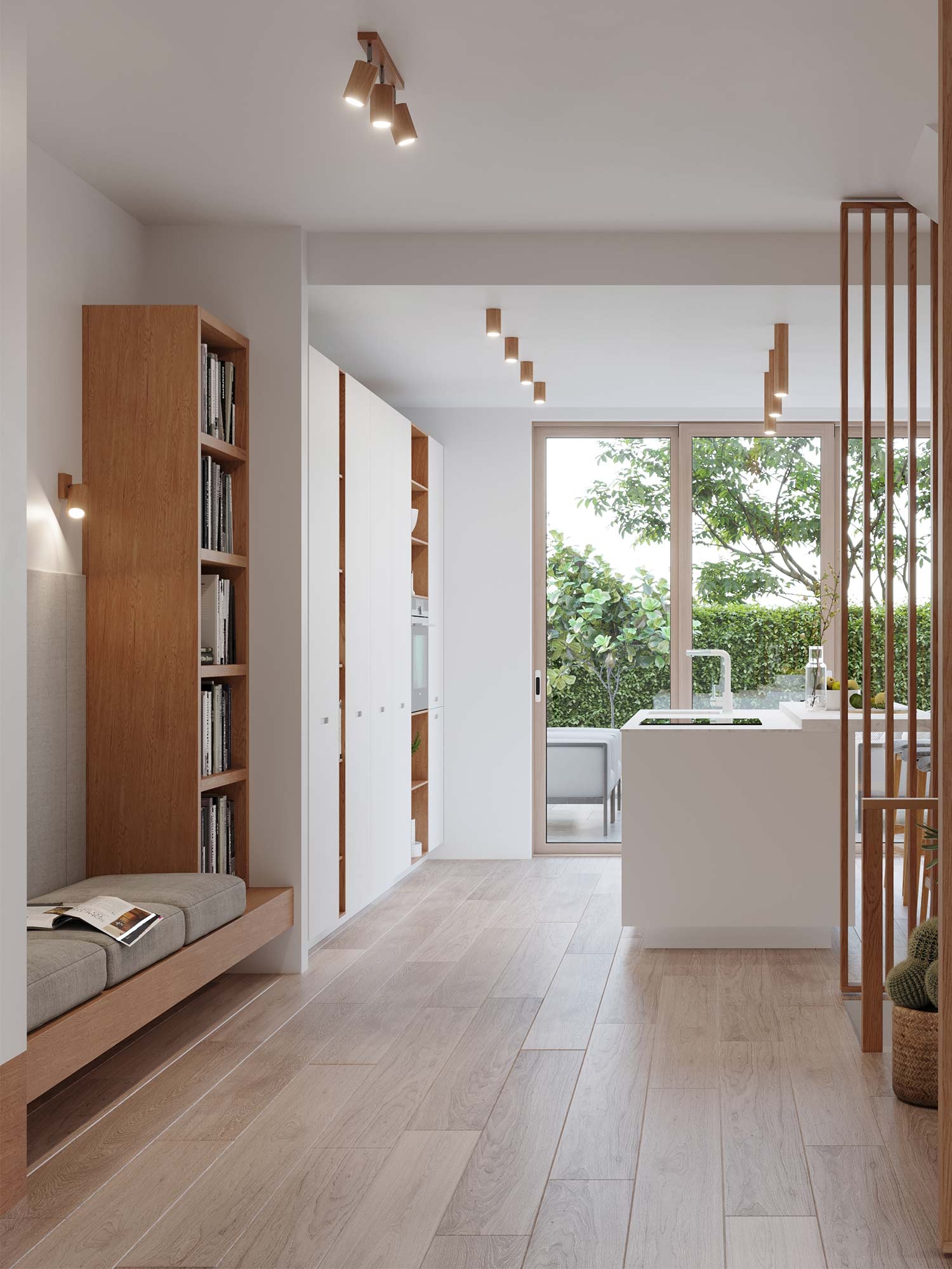 Drewniana oprawa LED zamontowana w korytarzu Drewniana oprawa LED zamontowana w korytarzu