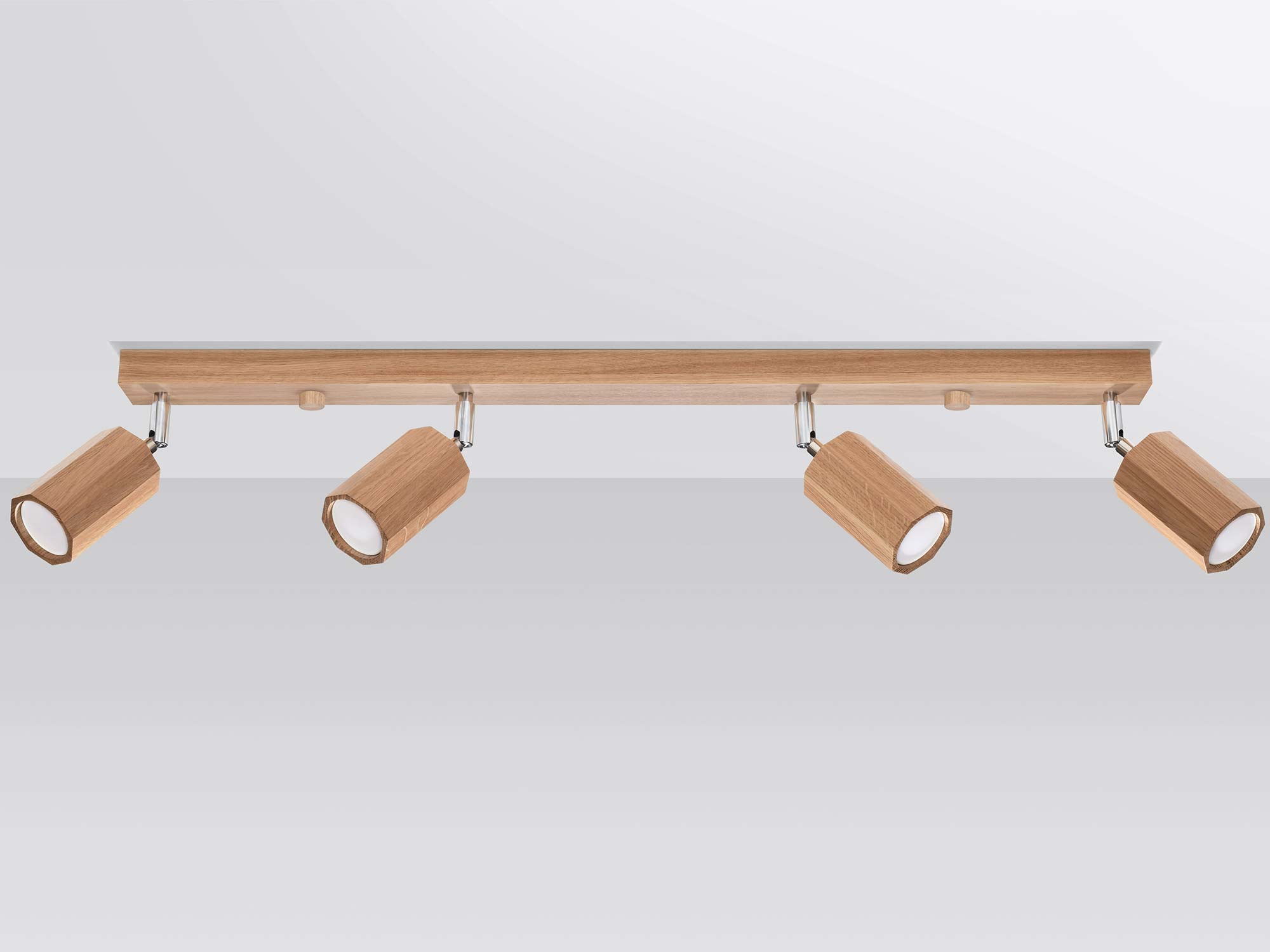 Minimalistyczna szyna LED w jasnym drewnie z dwoma reflektorami Minimalistyczna szyna LED w jasnym drewnie z dwoma reflektorami