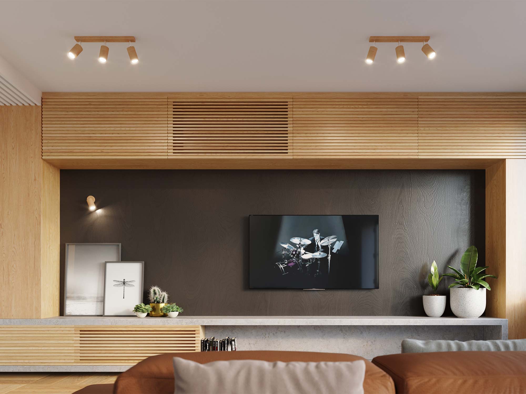 Drewniane reflektory LED w salonie z telewizorem na ścianie Drewniane reflektory LED w salonie z telewizorem na ścianie