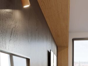 Miniaturka 5 - Stylowy sufit z drewnianą listwą i skierowanymi punktowo reflektorami LED