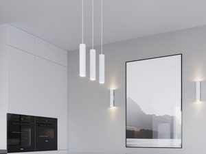 Miniatura 6 - Bílá stropní lampa se třemi cylindrickými tubusy, uspořádání kuchyně