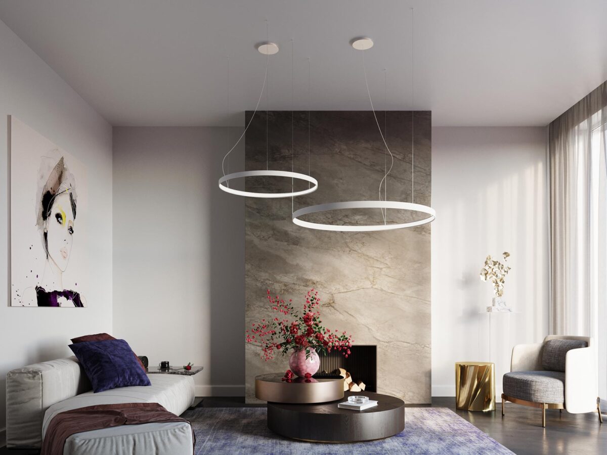 Kruhová LED lampa nad moderním obývacím pokojem