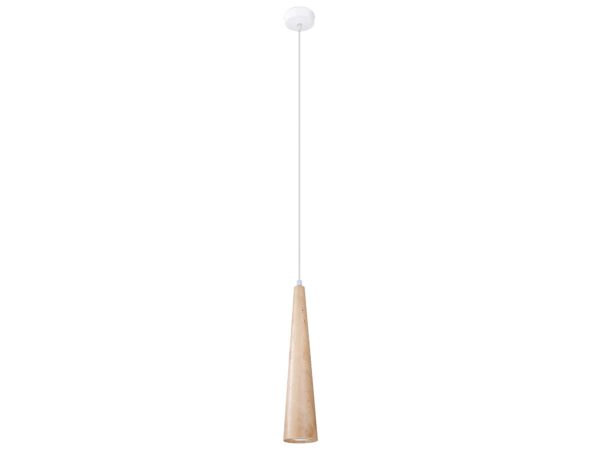 Pojedyncza lampa wisząca z jasnego drewna – białe tło