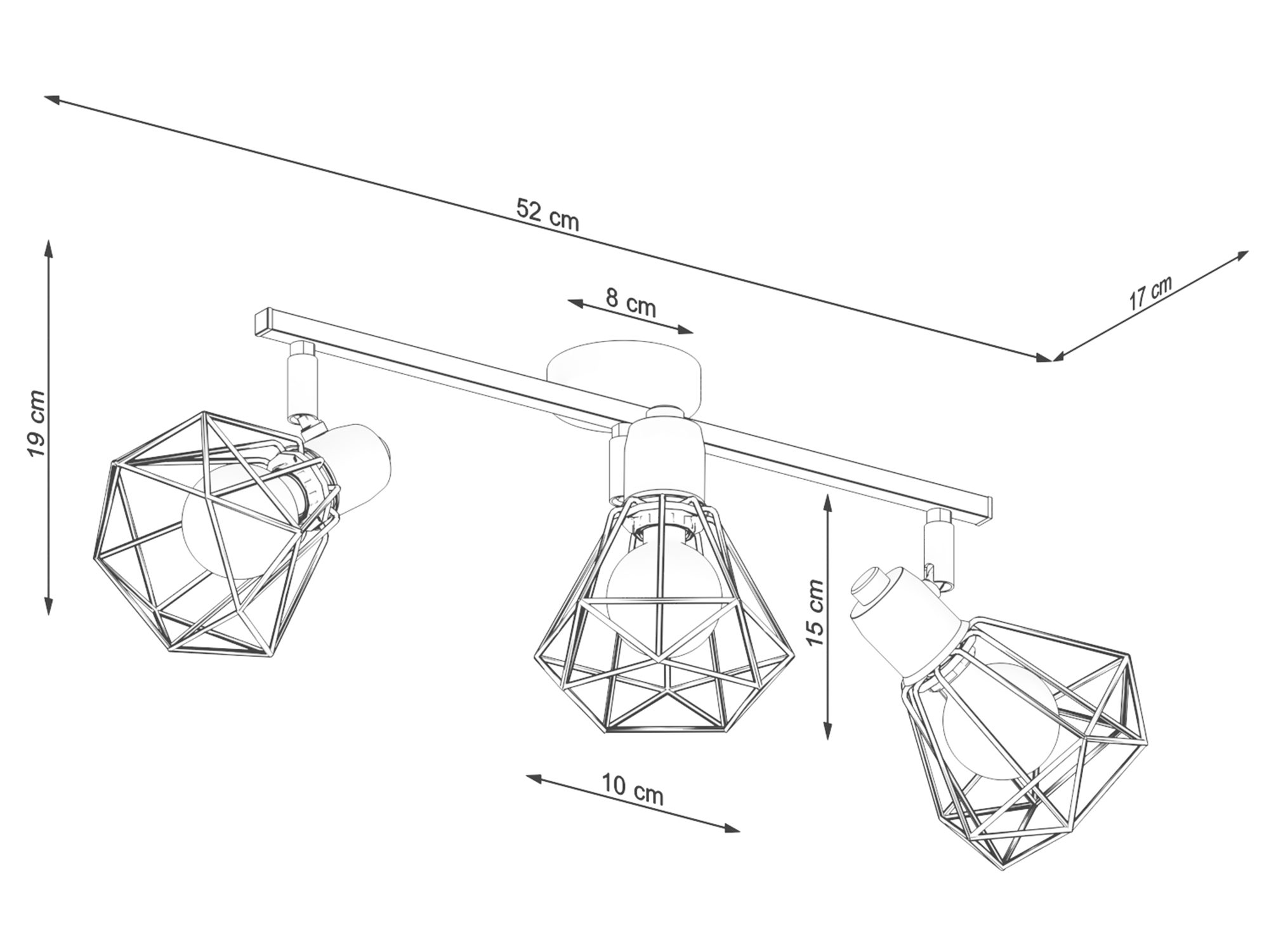 Techniczny rysunek lampy sufitowej z trzema kloszami metalowymi Techniczny rysunek lampy sufitowej z trzema kloszami metalowymi