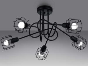 Miniaturka 2 - Czarny żyrandol z pięcioma kloszami w drucianych oprawach – styl retro