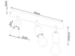 Miniaturka 7 - Rysunek techniczny czarnej lampy sufitowej z trzema reflektorami – długość 40 cm