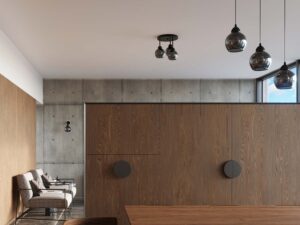 Miniaturka 4 - Salon z trzema lampami sufitowymi – aranżacja wnętrza w stylu loft