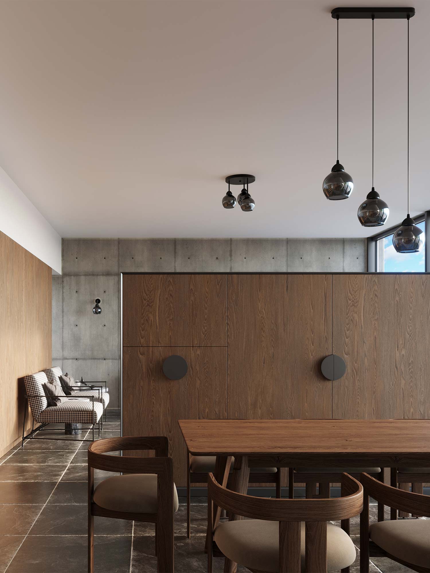 Salon z trzema lampami sufitowymi – aranżacja wnętrza w stylu loft Salon z trzema lampami sufitowymi – aranżacja wnętrza w stylu loft