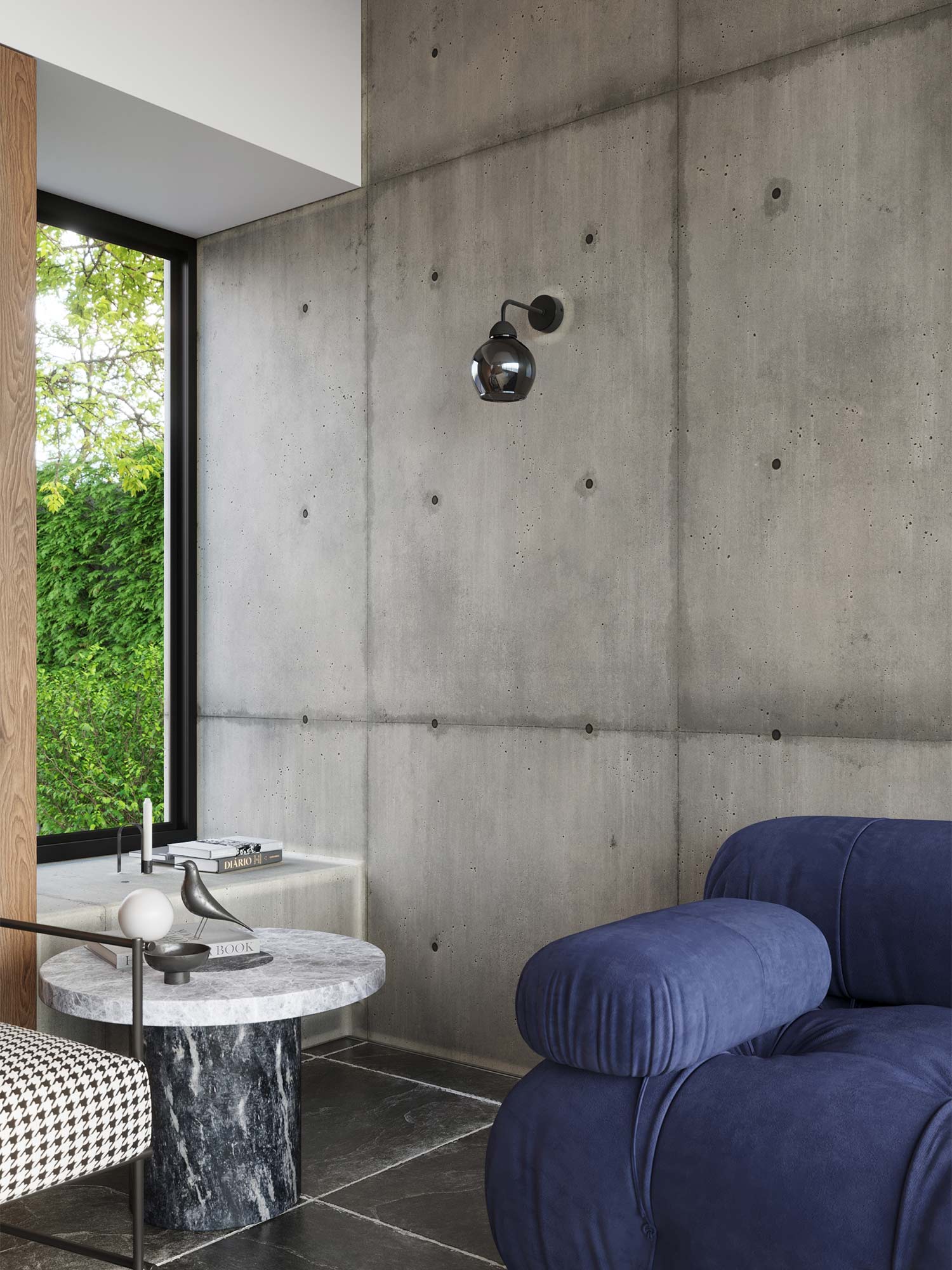 Lampa zamontowana na betonowej ścianie w nowoczesnym wnętrzu Lampa zamontowana na betonowej ścianie w nowoczesnym wnętrzu