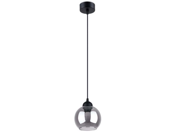Pojedyncza lampa wisząca z czarną oprawką i przydymionym szkłem