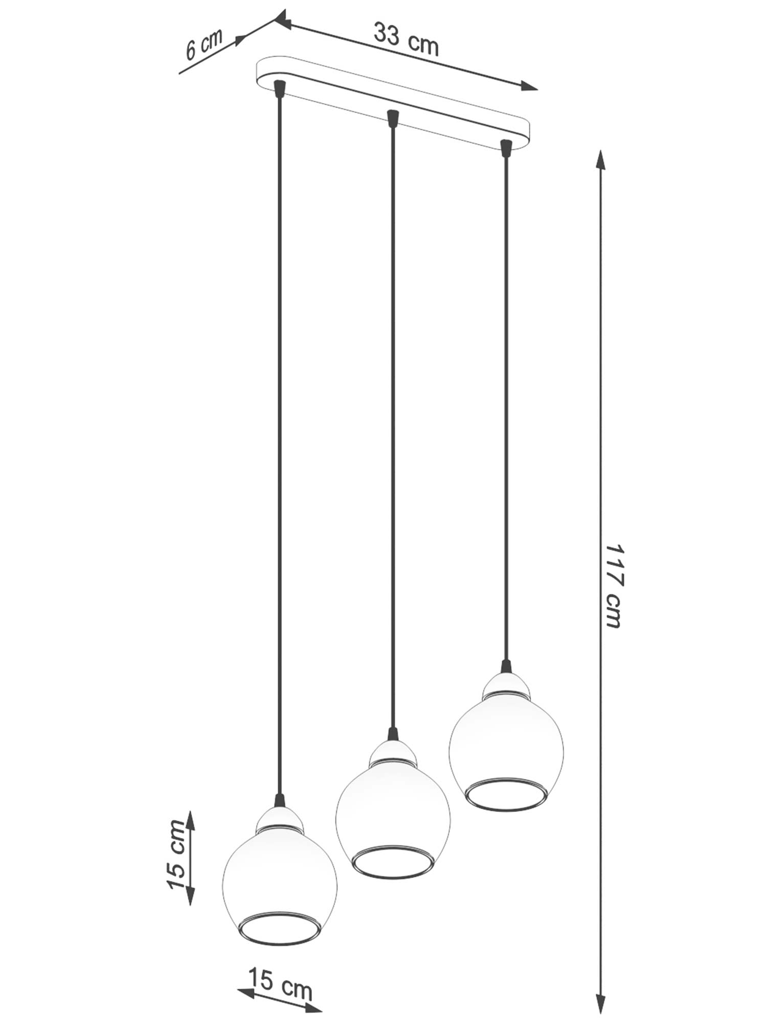 Rysunek z wymiarami i szczegółami trzech kloszy na kablach Rysunek z wymiarami i szczegółami trzech kloszy na kablach