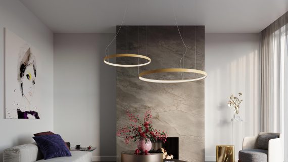 Miniaturka 35 - Designerska lampa LED w złotym wykończeniu nad kominkiem