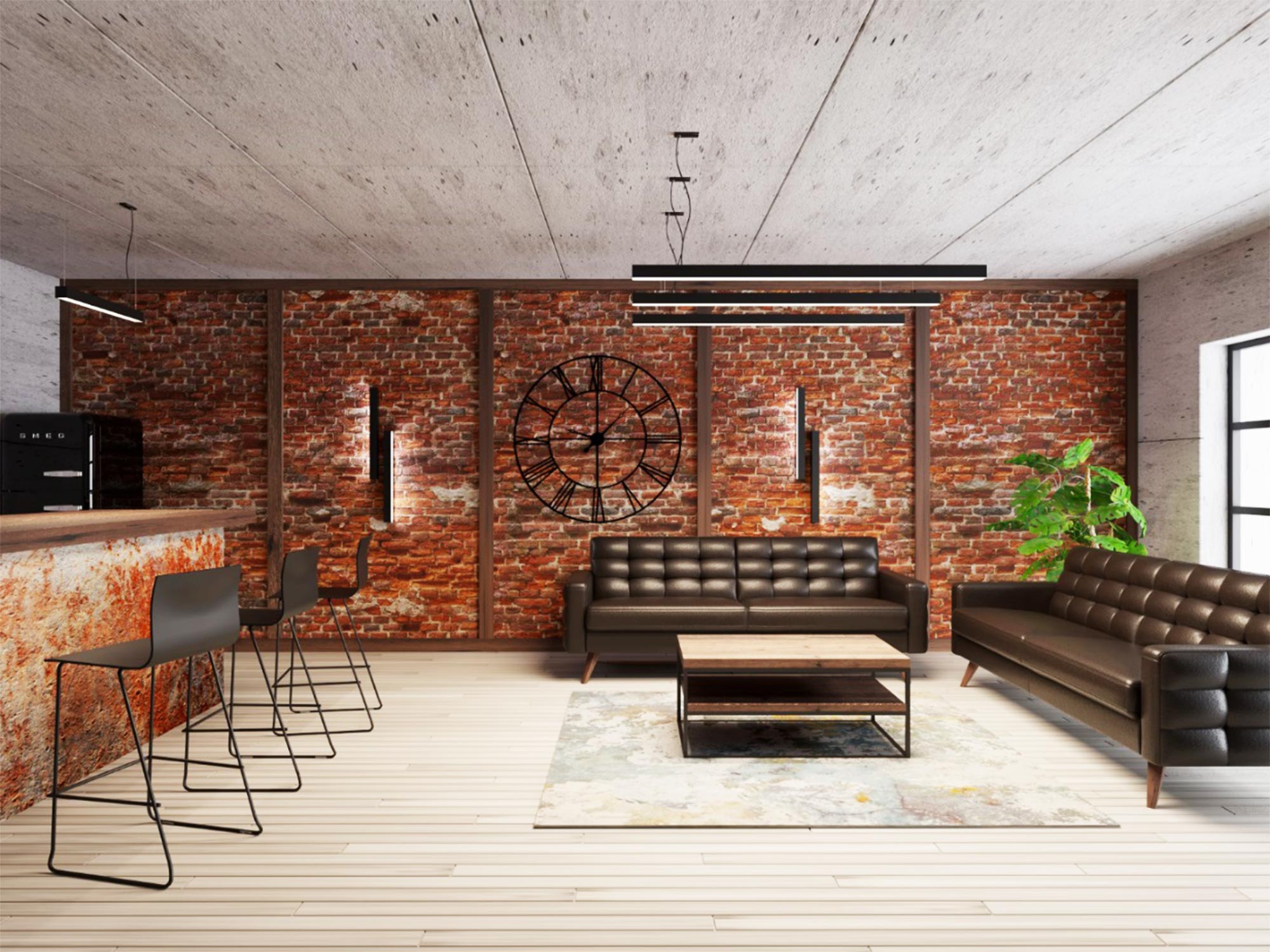 Industrialny salon z ceglaną ścianą i czarnym oświetleniem