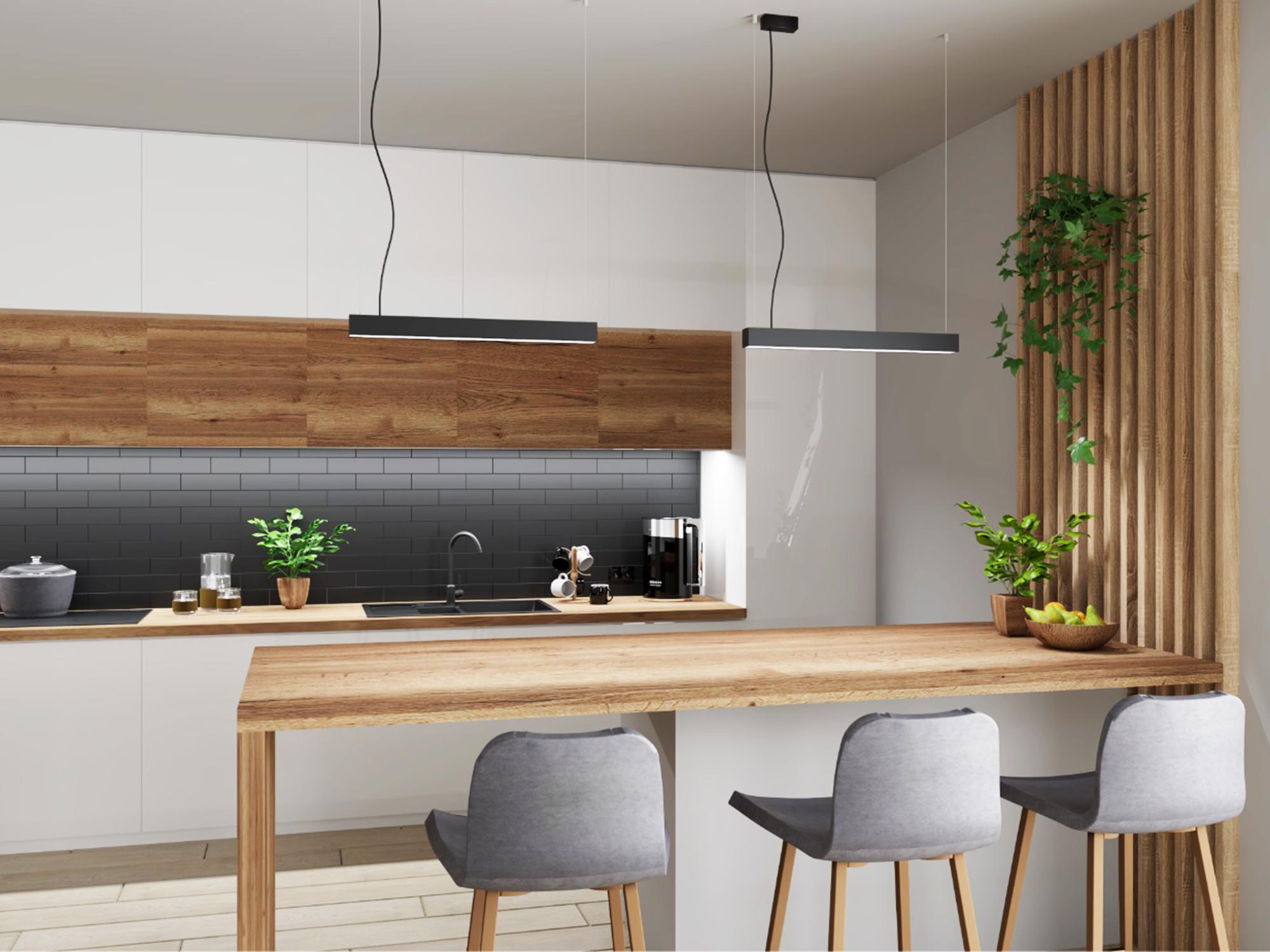 Drewniana kuchnia z wyspą i lampą sufitową nad hokerami