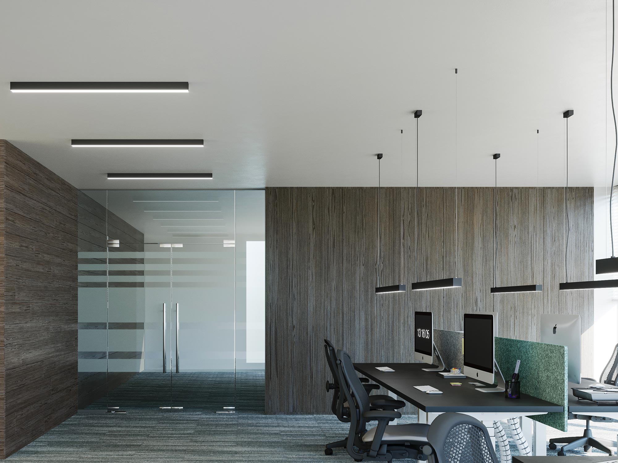Nowoczesne biuro z przeszkloną ścianą i oświetleniem LED