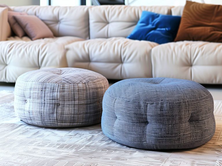 Pufy do salonu w kolorze niebieskim okrągłe