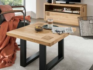 Miniaturka 1 - Dębowy stolik kawowy z metalową podstawą w aranżacji salonu
