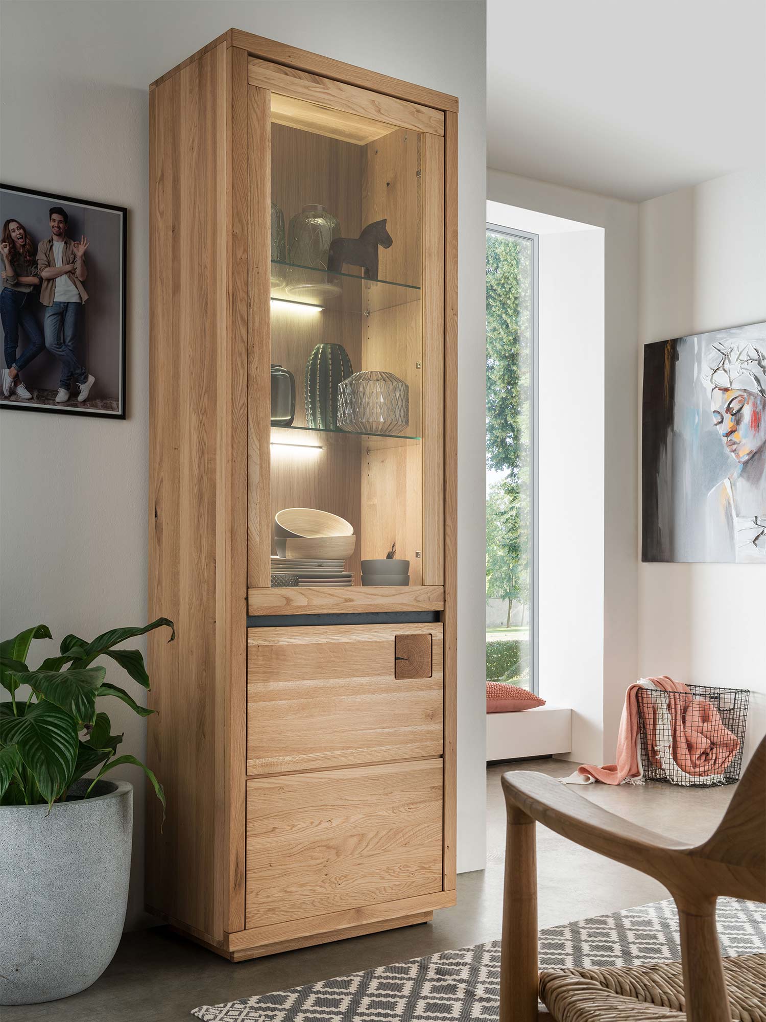 Pokój dzienny z witryną z litego dębu i nowoczesnym wystrojem