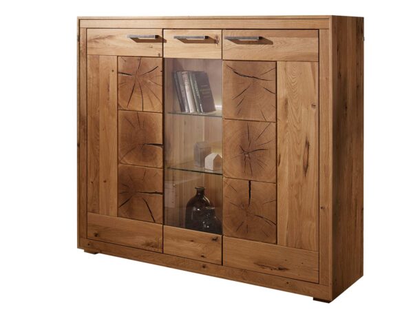 Dubový highboard z vitrínou a dekorativními čely letokruhy pnia