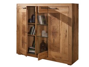 Miniaturka 1 - Highboard dębowy otwarty z widocznymi półkami i książkami