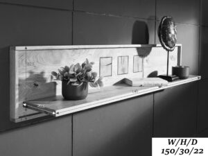 Miniatura 5 - Dubová police nástěnná s rozměry technicznymi v aranžmá obývacího pokoje